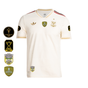 Camisa Flamengo Dourada | Jogo 3 2025 | Todos os Patchs de Campeão Sem Patrocínios | Versão Jogador