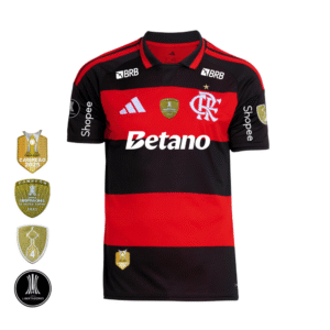 Camisa Vermelha e Preta | Manto Jogo 1 2026 | Todos os Patchs de Campeão Com Patrocínios