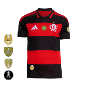 Camisa Vermelha e Preta | Manto Jogo 1 2026 | Todos os Patchs de Campeão Sem Patrocínios