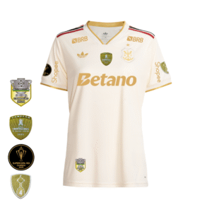 Camisa Flamengo Dourada | Jogo 3 2025 | Todos os Patchs de Campeão Com Patrocínios | Feminina