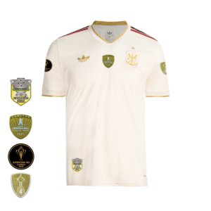 Camisa Flamengo Dourada | Jogo 3 2025 | Todos os Patchs de Campeão Sem Patrocínios