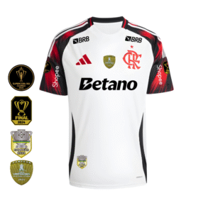 Camisa Flamengo Branca | Jogo 2 2025 | Todos os Patchs de Campeão Com Patrocínios